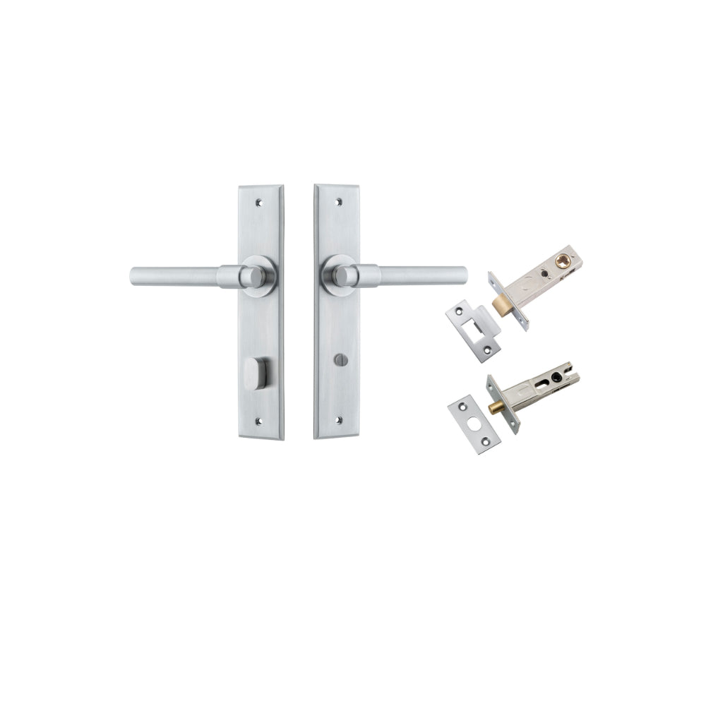 Door Lever Helsinki Chamfered Privacy Brushed Chrome CTC85mm L137xP60mm BPH240xW50mm Privacy Kit Tube Latch Split Cam 'T' Striker Brushed Chrome Backset 60mm, Privacy Bolt Round Bolt Brushed Chrome Backset 60mm in Brushed Chrome
