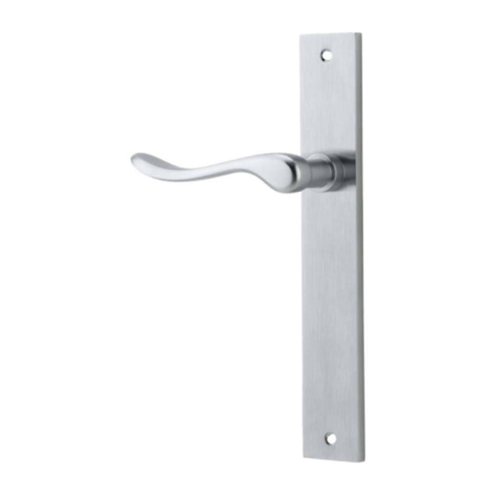 Door Lever Stirling Rectangular Latch Left Hand Fixed Brushed Chrome L116xP62mm BPH240xW38mm in Brushed Chrome