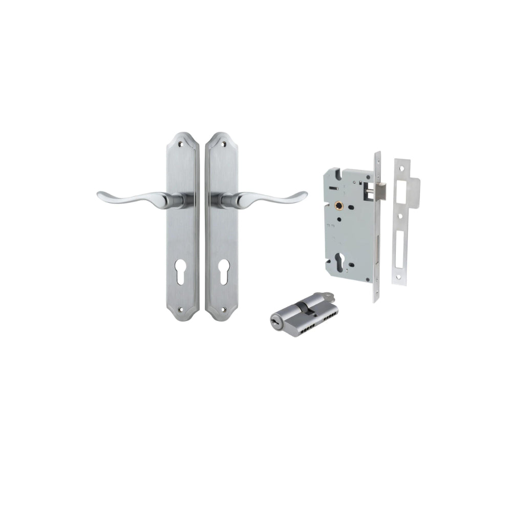 Door Lever Stirling Shouldered Euro Pair Brushed Chrome CTC85mm H250xW48xP64mm Entrance Kit Mortice Lock Euro Brushed Chrome CTC85mm Backset 60mm, Euro Cylinder Dual Function 5 Pin Brushed Chrome L65mm KA1 in Brushed Chrome