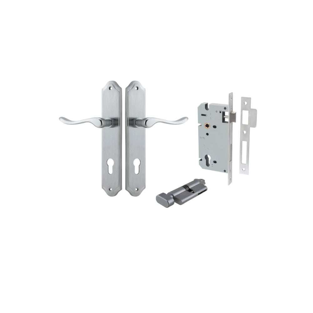 Door Lever Stirling Shouldered Euro Pair Brushed Chrome CTC85mm H250xW48xP64mm Entrance Kit Mortice Lock Euro Brushed Chrome CTC85mm Backset 60mm, Euro Cylinder Key Thumb 6 Pin Brushed Chrome L70mm KA1 in Brushed Chrome