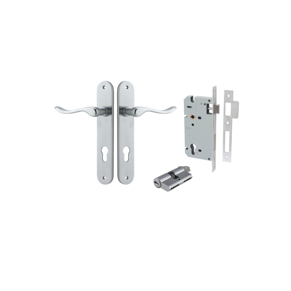 Door Lever Stirling Oval Euro Pair Brushed Chrome CTC85mm H240xW40xP64mm Entrance Kit Mortice Lock Euro Brushed Chrome CTC85mm Backset 60mm, Euro Cylinder Dual Function 5 Pin Brushed Chrome L65mm KA1 in Brushed Chrome