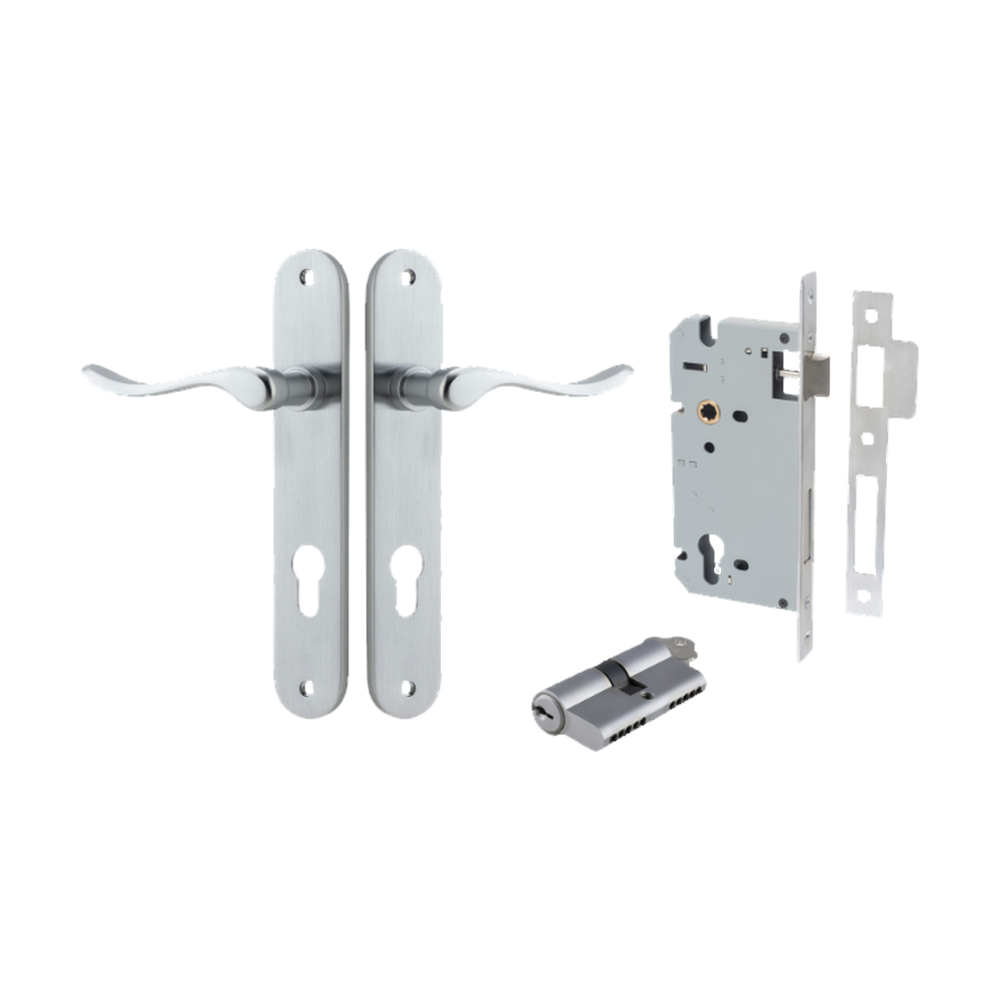 Door Lever Stirling Oval Euro Pair Brushed Chrome CTC85mm H240xW40xP64mm Entrance Kit Mortice Lock Euro Brushed Chrome CTC85mm Backset 60mm, Euro Cylinder Dual Function 5 Pin Brushed Chrome L65mm KA1 in Brushed Chrome