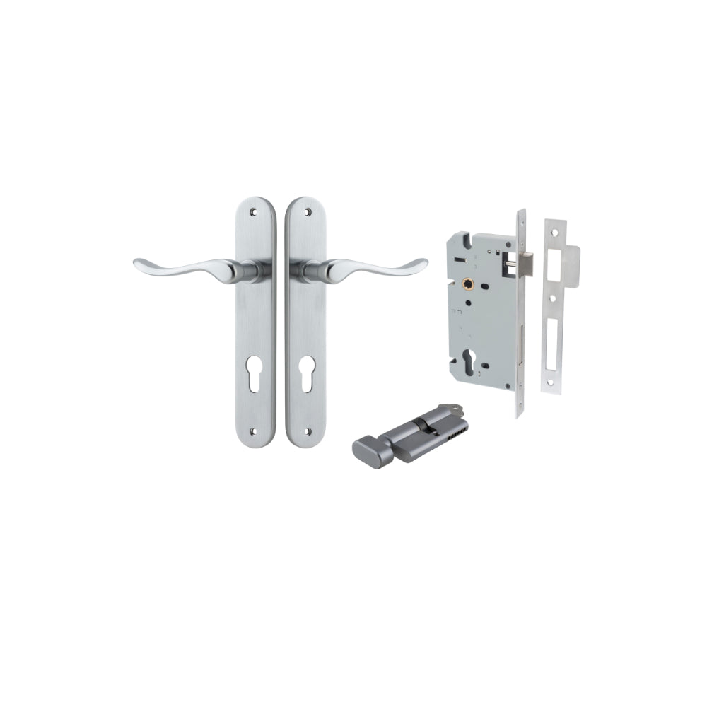 Door Lever Stirling Oval Euro Pair Brushed Chrome CTC85mm H240xW40xP64mm Entrance Kit Mortice Lock Euro Brushed Chrome CTC85mm Backset 60mm, Euro Cylinder Key Thumb 6 Pin Brushed Chrome L70mm KA1 in Brushed Chrome