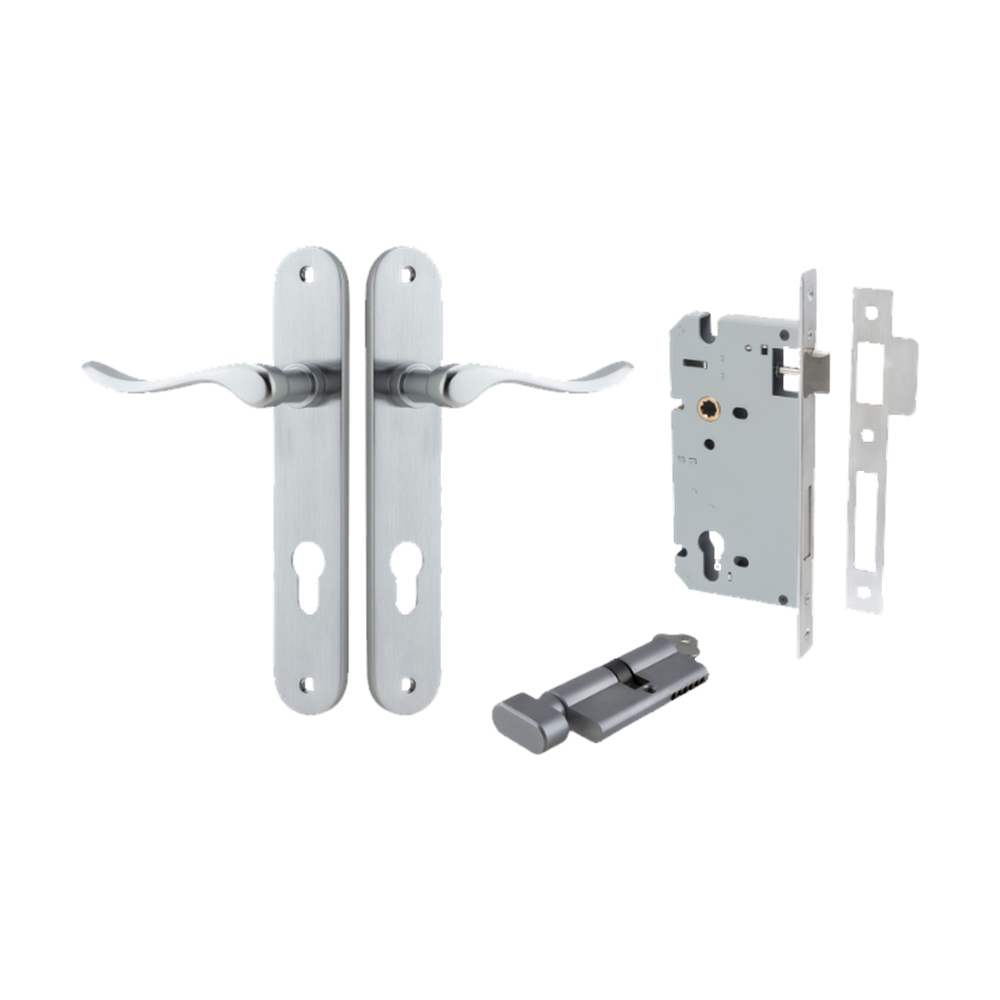 Door Lever Stirling Oval Euro Pair Brushed Chrome CTC85mm H240xW40xP64mm Entrance Kit Mortice Lock Euro Brushed Chrome CTC85mm Backset 60mm, Euro Cylinder Key Thumb 6 Pin Brushed Chrome L70mm KA1 in Brushed Chrome