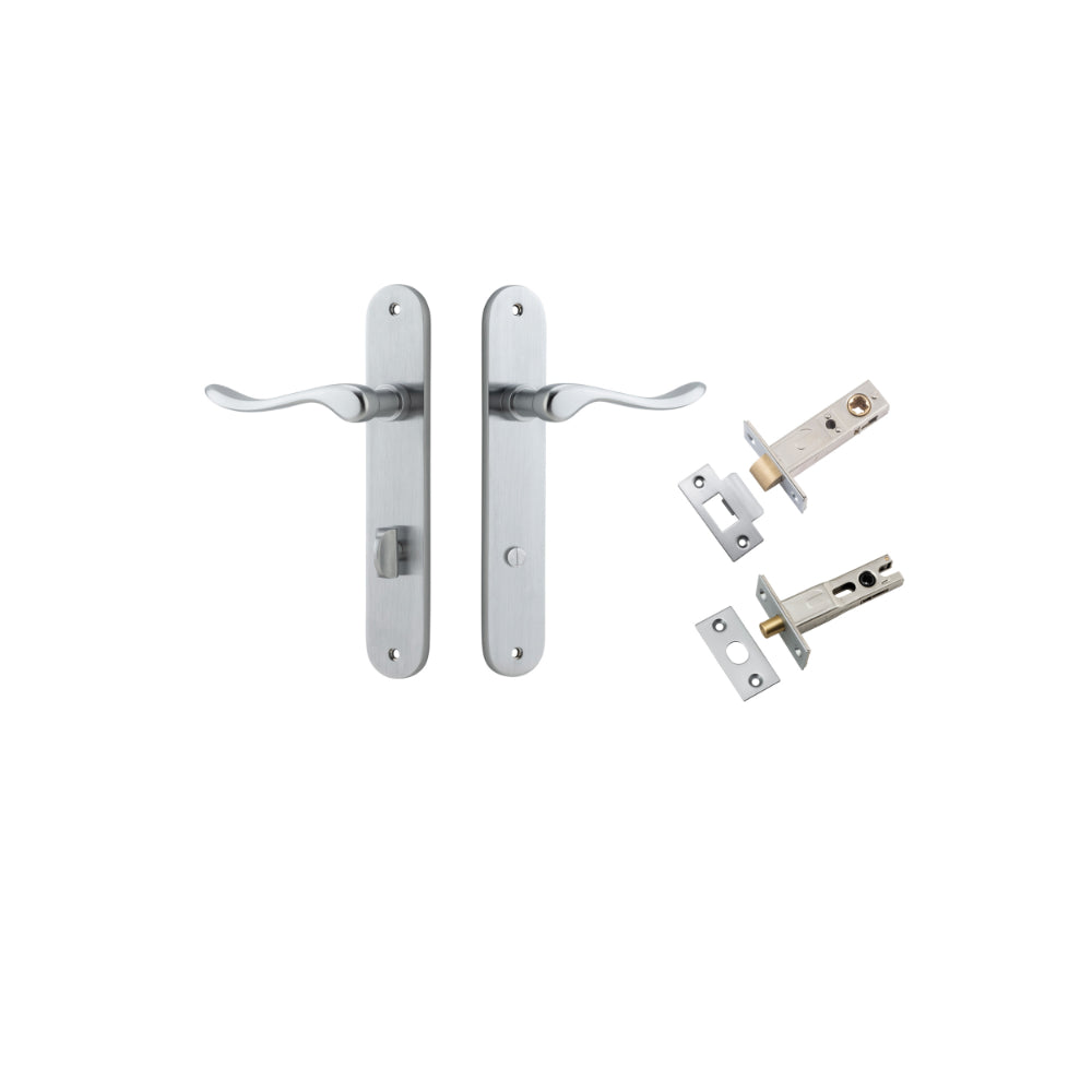 Door Lever Stirling Oval Privacy Pair Brushed Chrome CTC85mm H240xW40xP64mm Privacy Kit Tube Latch Split Cam 'T' Striker Brushed Chrome Backset 60mm, Privacy Bolt Round Bolt Brushed Chrome Backset 60mm in Brushed Chrome