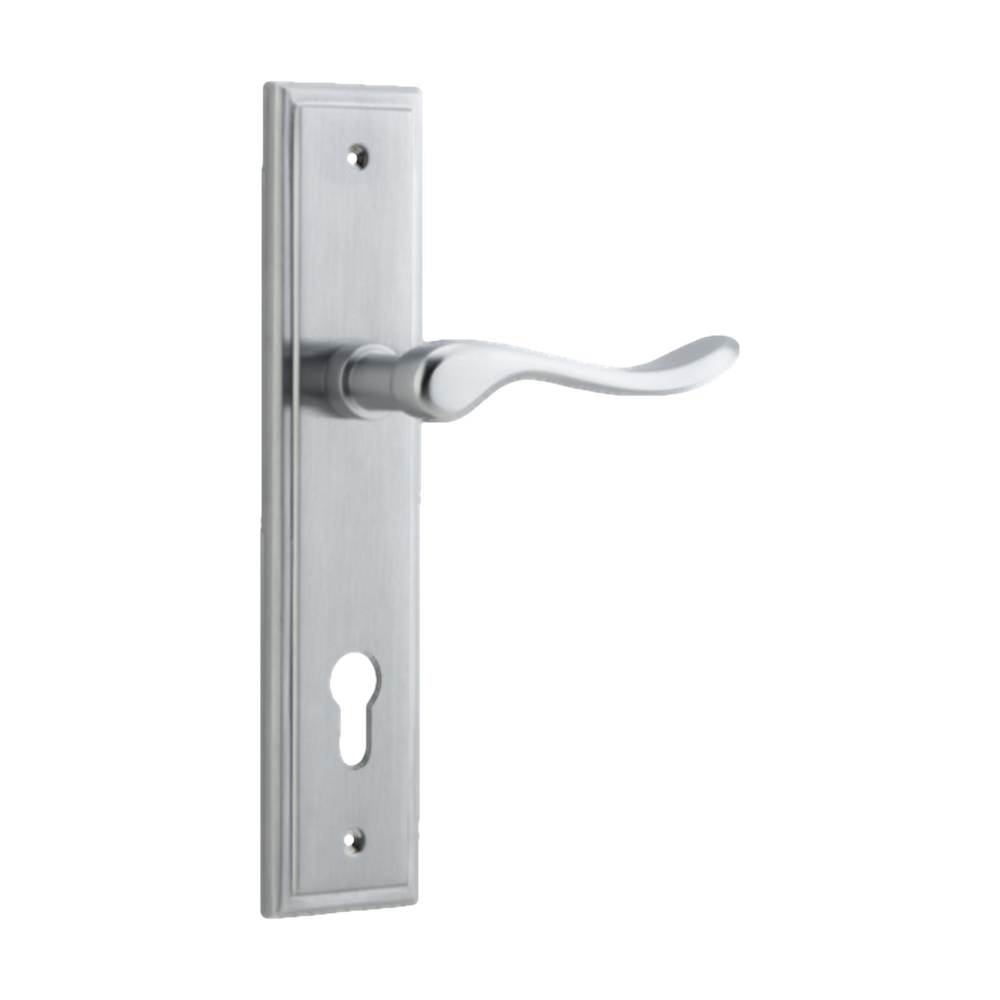 Door Lever Stirling Stepped Euro Pair Brushed Chrome CTC85mm H237xW50xP64mm in Brushed Chrome
