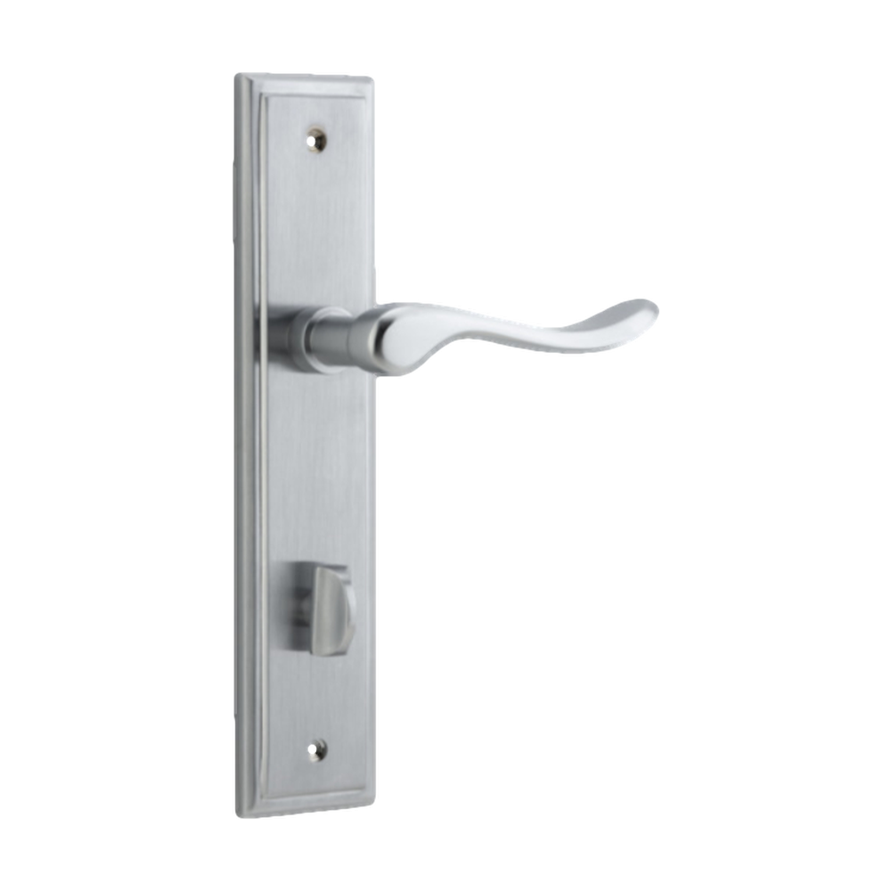 Door Lever Stirling Stepped Privacy Pair Brushed Chrome CTC85mm H237xW50xP64mm in Brushed Chrome