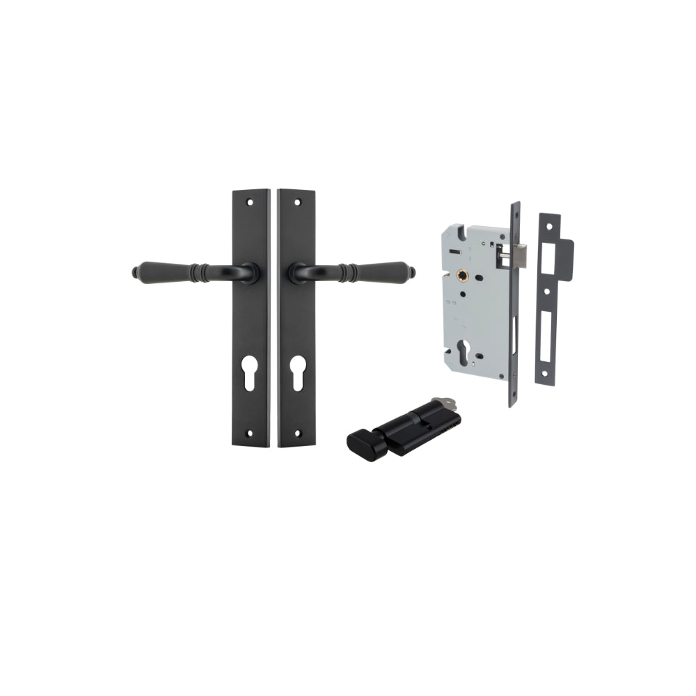 Pair of Iver Sarlat lever door handles with rectangular backplates in a sleek, modern design.