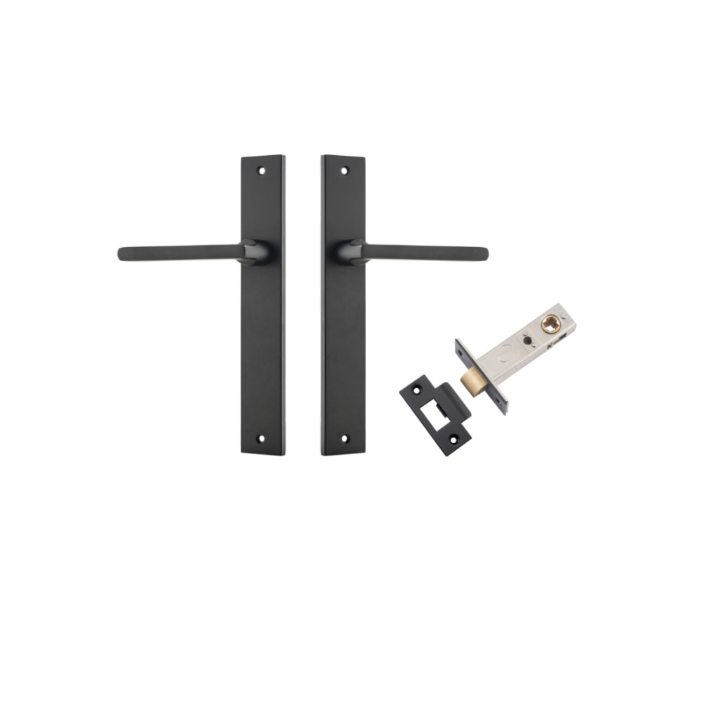 Pair of Iver Baltimore lever door handles with rectangular backplates, featuring a sleek, modern design in a gold finish.