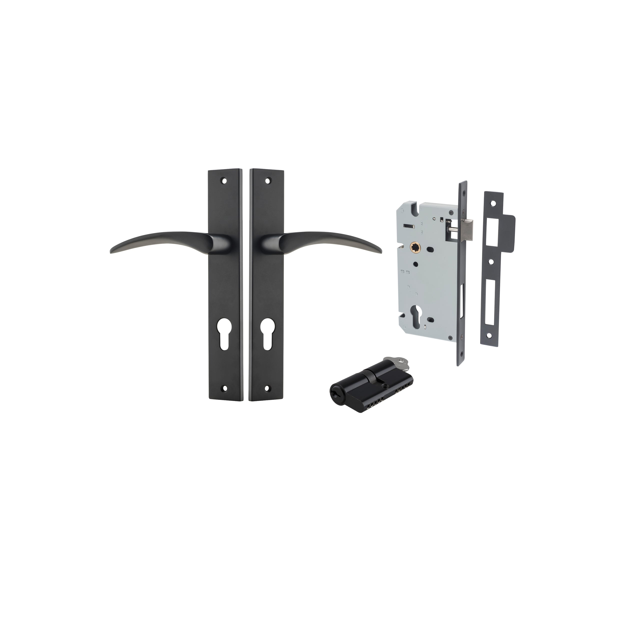 Door Lever Oxford Rectangular Euro Matt Black CTC85mm H240xW38xP60mm Entrance Kit, Mortice Lock Euro Matt Black CTC85mm Backset 60mm, Euro Cylinder Dual Function 5 Pin Matt Black L65mm KA1 in Matt Black
