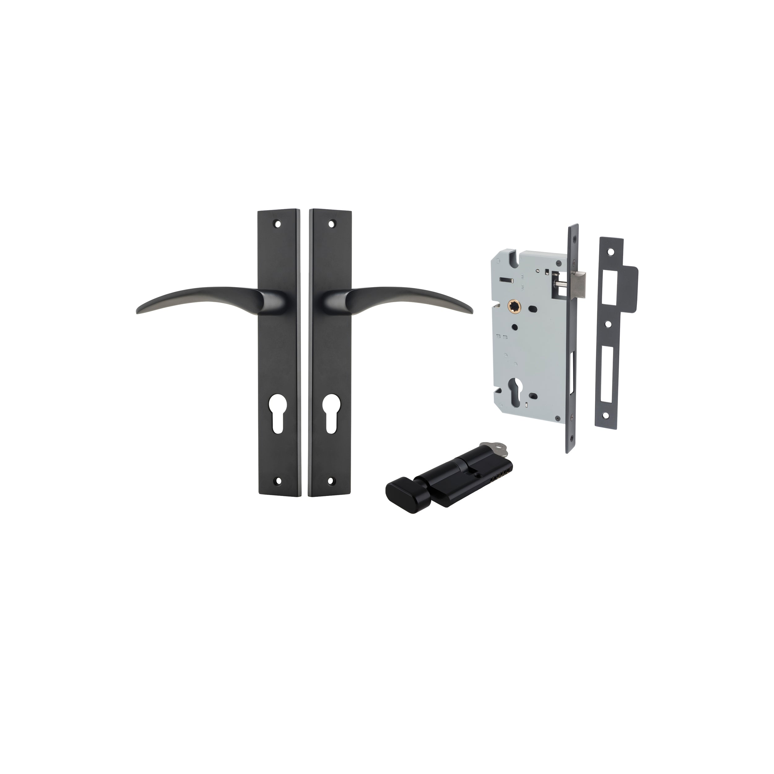 Door Lever Oxford Rectangular Euro Matt Black CTC85mm H240xW38xP60mm Entrance Kit, Mortice Lock Euro Matt Black CTC85mm Backset 60mm, Euro Cylinder Key Thumb 6 Pin Matt Black L70mm KA1 in Matt Black