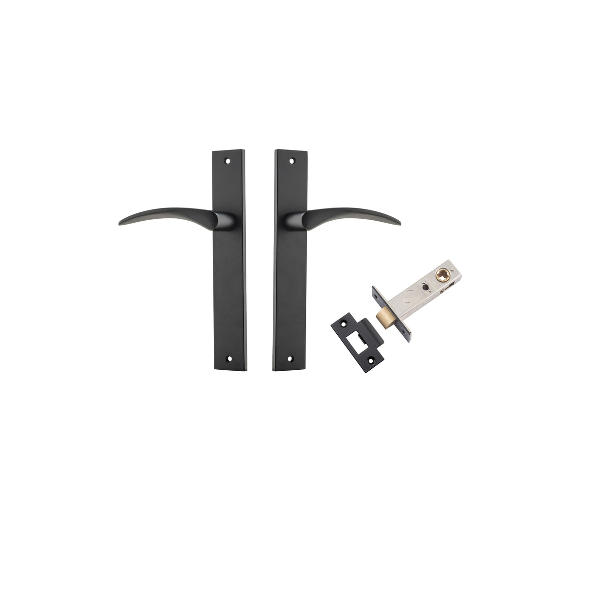 Door Lever Oxford Rectangular Latch Matt Black H240xW38xP60mm Passage Kit, Tube Latch Split Cam 'T' Striker Matt Black Backset 60mm in Matt Black
