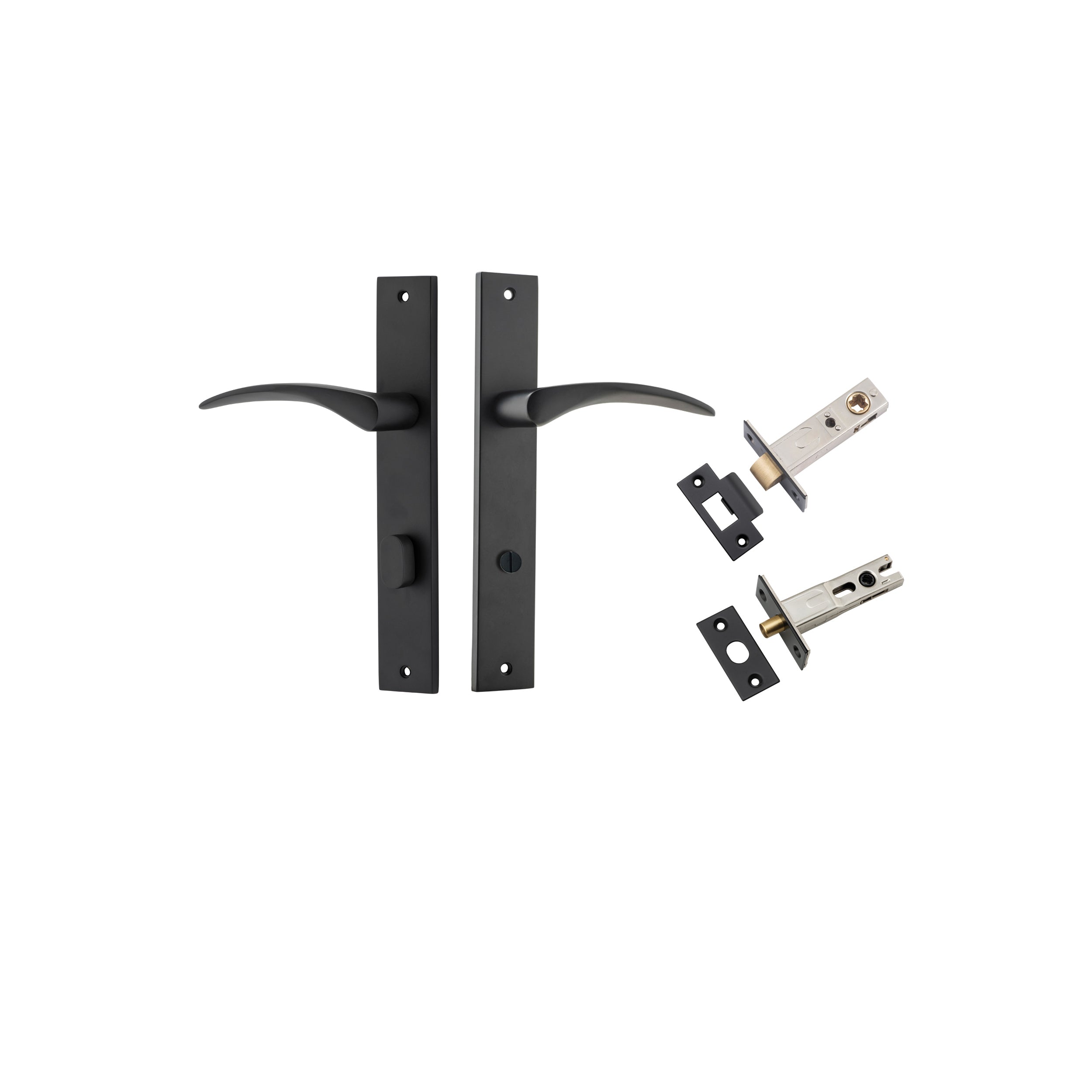 Door Lever Oxford Rectangular Privacy Matt Black CTC85mm H240xW38xP60mm Privacy Kit, Tube Latch Split Cam 'T' Striker Matt Black Backset 60mm, Privacy Bolt Round Bolt Matt Black Backset 60mm in Matt Black
