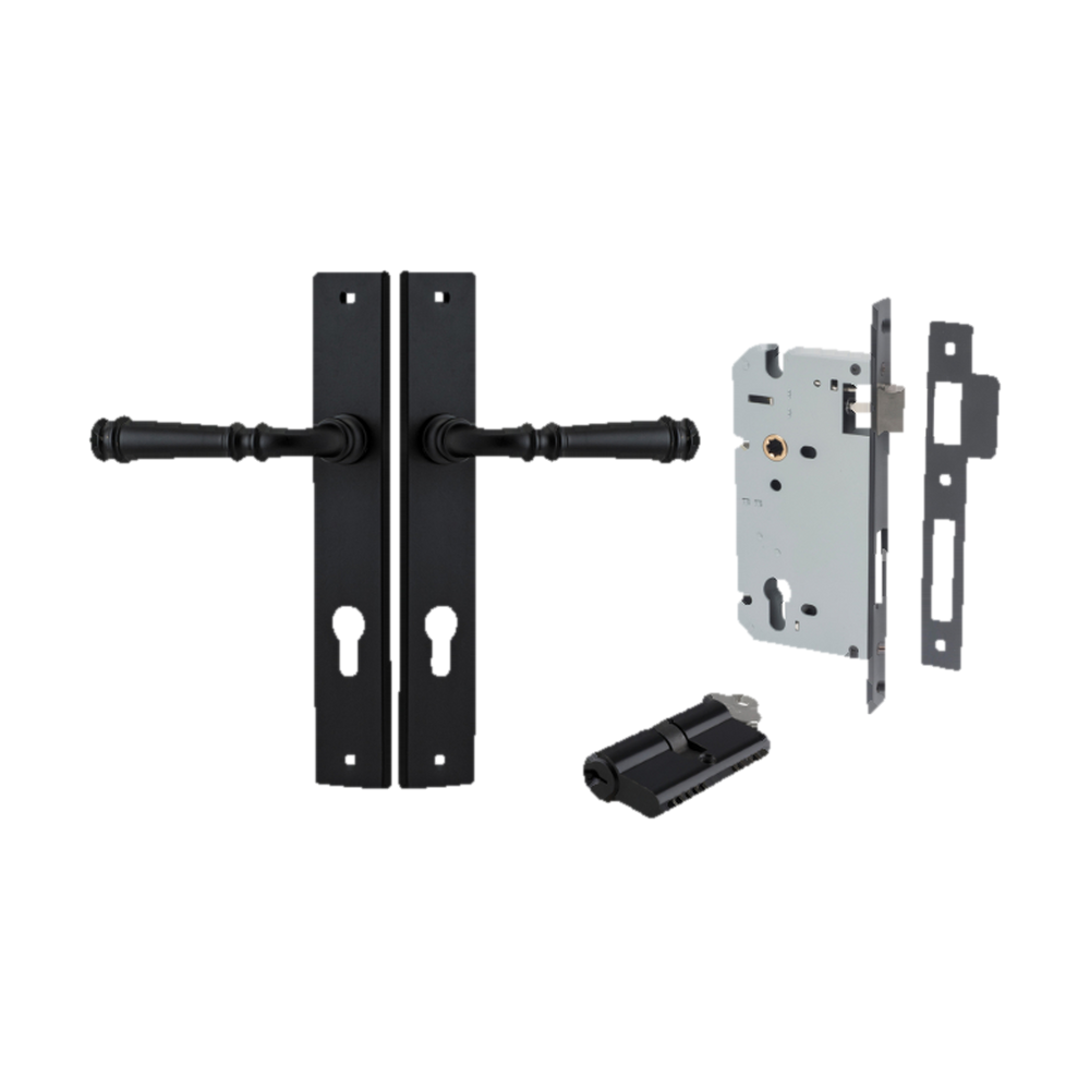 Door Lever Verona Rectangular Euro Matt Black CTC85mm H240xW38xP59mm Entrance Kit, Mortice Lock Euro Matt Black CTC85mm Backset 60mm, Euro Cylinder Dual Function 5 Pin Matt Black L65mm KA1 in Matt Black