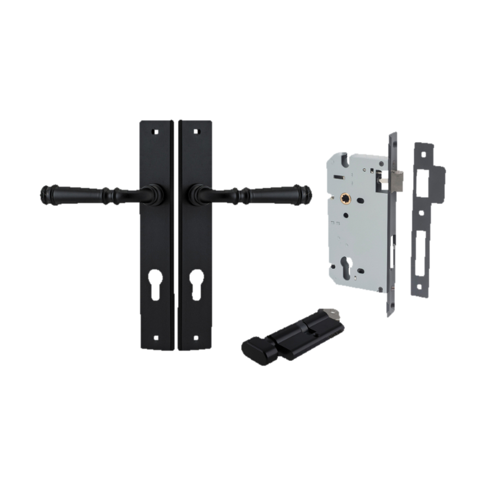 Door Lever Verona Rectangular Euro Matt Black CTC85mm H240xW38xP59mm Entrance Kit, Mortice Lock Euro Matt Black CTC85mm Backset 60mm, Euro Cylinder Key Thumb 6 Pin Matt Black L70mm KA1 in Matt Black