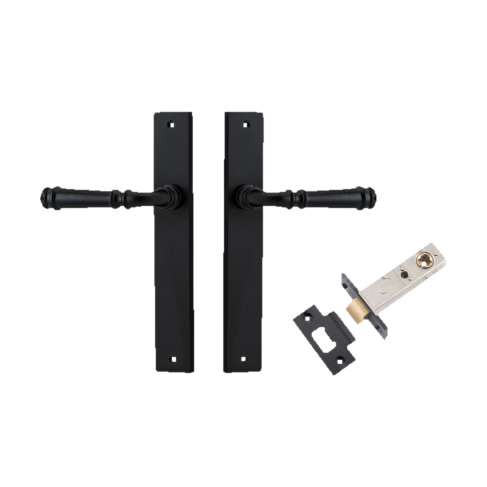 Door Lever Verona Rectangular Latch Matt Black H240xW38xP59mm Passage Kit, Tube Latch Split Cam 'T' Striker Matt Black Backset 60mm in Matt Black