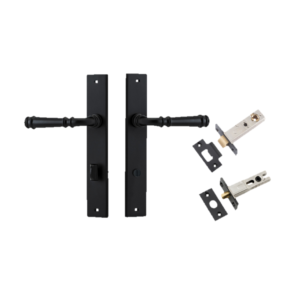 Door Lever Verona Rectangular Privacy Matt Black CTC85mm H240xW38xP59mm Inbuilt Privacy Kit, Tube Latch Split Cam 'T' Striker Matt Black Backset 60mm, Privacy Bolt Round Bolt Matt Black Backset 60mm in Matt Black