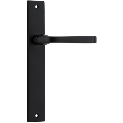 Pair of Iver Annecy lever door handles on rectangular backplates, featuring sleek, modern design and polished metal finish.