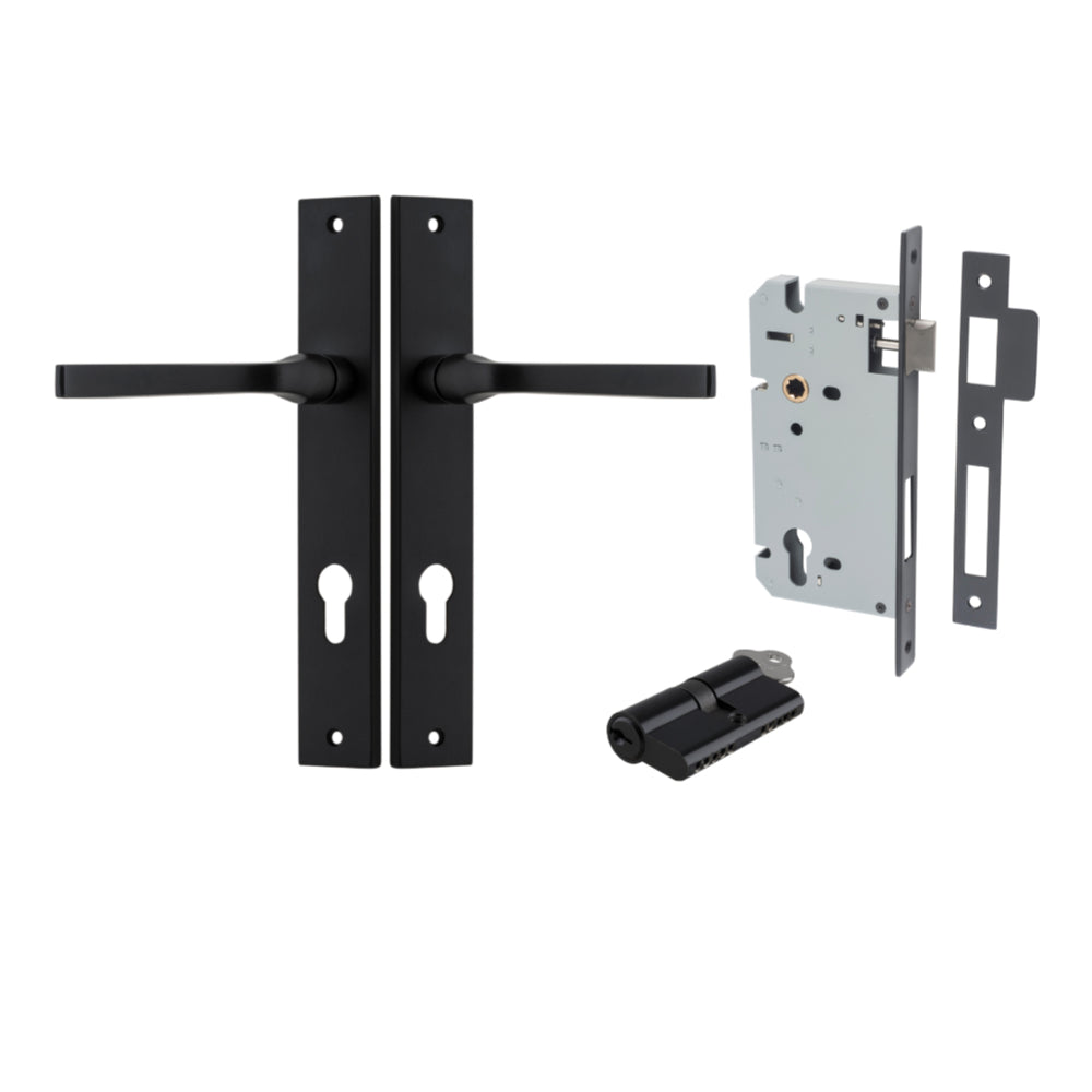 Pair of Iver Annecy lever door handles with rectangular backplates, showcasing polished brass finish and modern design.