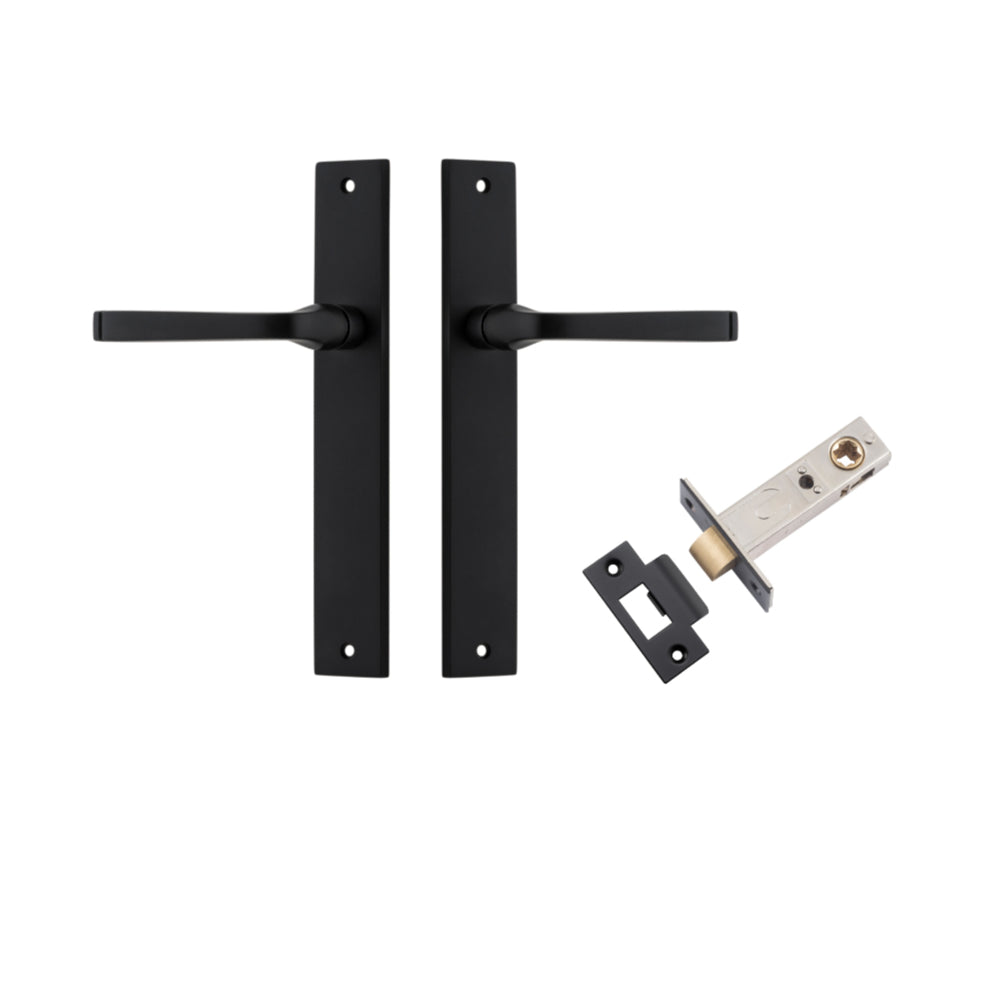 Door Lever Annecy Rectangular Latch Matt Black H240xW38xP65mm Passage Kit, Tube Latch Split Cam 'T' Striker Matt Black Backset 60mm in Matt Black