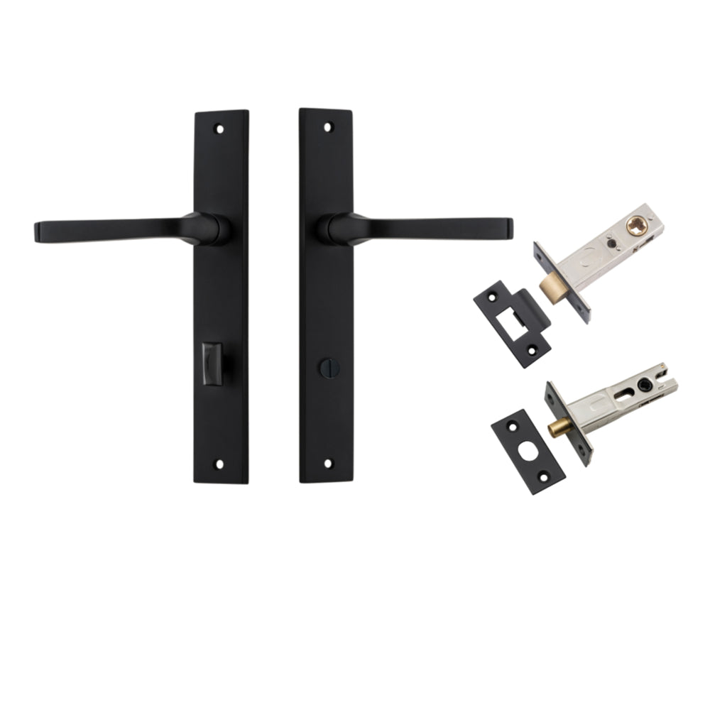 Door Lever Annecy Rectangular Privacy Matt Black CTC85mm H240xW38xP65mm Inbuilt Privacy Kit, Tube Latch Split Cam 'T' Striker Matt Black Backset 60mm, Privacy Bolt Round Bolt Matt Black Backset 60mm in Matt Black