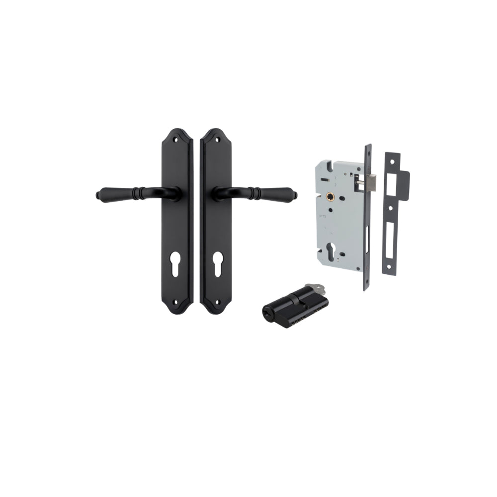Door Lever Sarlat Shouldered Euro Matt Black CTC85mm H250xW48xP57mm Entrance Kit Mortice Lock Euro Matt Black CTC85mm Backset 60mm, Euro Cylinder Dual Function 5 Pin Matt Black L65mm KA1 in Matt Black