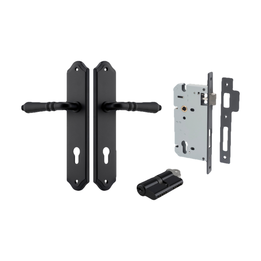 Door Lever Sarlat Shouldered Euro Matt Black CTC85mm H250xW48xP57mm Entrance Kit Mortice Lock Euro Matt Black CTC85mm Backset 60mm, Euro Cylinder Dual Function 5 Pin Matt Black L65mm KA1 in Matt Black