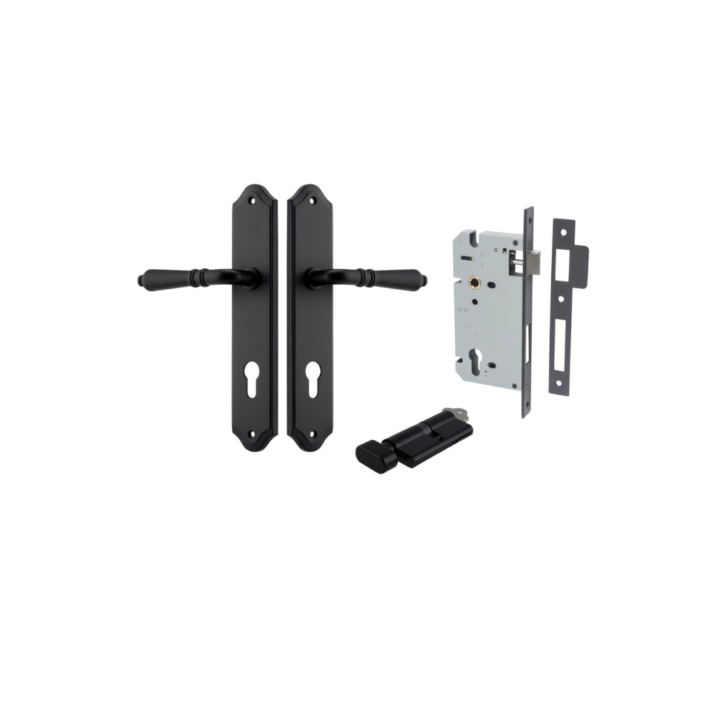Door Lever Sarlat Shouldered Euro Matt Black CTC85mm H250xW48xP57mm Entrance Kit Mortice Lock Euro Matt Black CTC85mm Backset 60mm, Euro Cylinder Key Thumb 6 Pin Matt Black L70mm KA1 in Matt Black