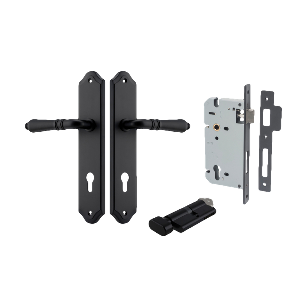 Door Lever Sarlat Shouldered Euro Matt Black CTC85mm H250xW48xP57mm Entrance Kit Mortice Lock Euro Matt Black CTC85mm Backset 60mm, Euro Cylinder Key Thumb 6 Pin Matt Black L70mm KA1 in Matt Black