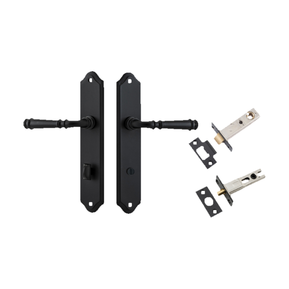 Door Lever Verona Shouldered Privacy Matt Black CTC85mm H240xW50xP59mm Inbuilt Privacy Kit Tube Latch Split Cam 'T' Striker Matt Black Backset 60mm, Privacy Bolt Round Bolt Matt Black Backset 60mm in Matt Black