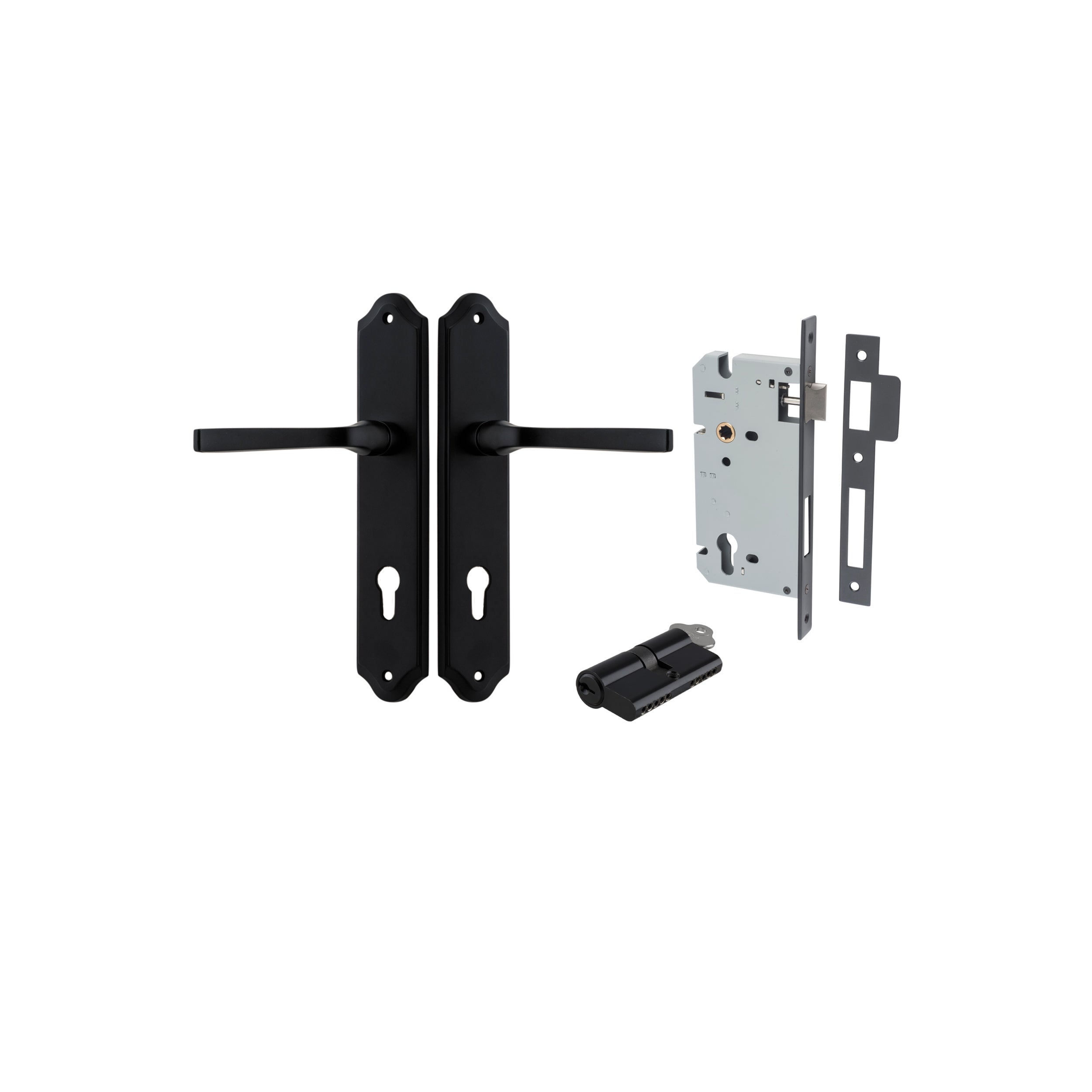 Door Lever Annecy Shouldered Euro Matt Black CTC85mm H240xW50xP65mm Entrance Kit Mortice Lock Euro Matt Black CTC85mm Backset 60mm, Euro Cylinder Dual Function 5 Pin Matt Black L65mm KA1 in Matt Black
