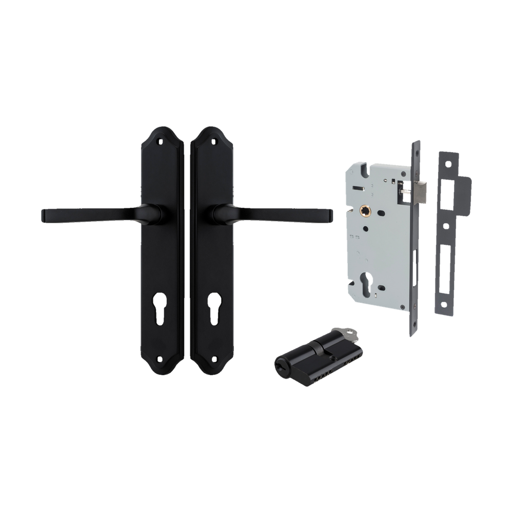 Door Lever Annecy Shouldered Euro Matt Black CTC85mm H240xW50xP65mm Entrance Kit Mortice Lock Euro Matt Black CTC85mm Backset 60mm, Euro Cylinder Dual Function 5 Pin Matt Black L65mm KA1 in Matt Black