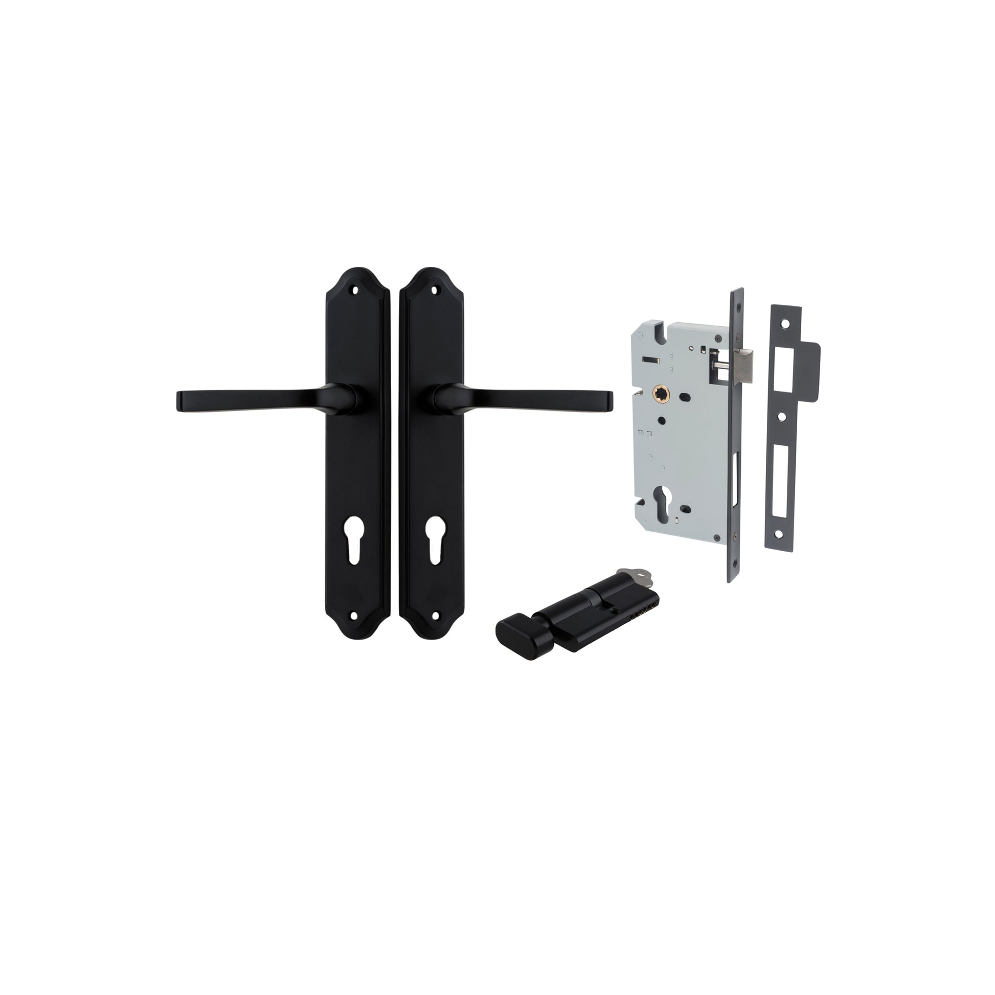 Door Lever Annecy Shouldered Euro Matt Black CTC85mm H240xW50xP65mm Entrance Kit Mortice Lock Euro Matt Black CTC85mm Backset 60mm, Euro Cylinder Key Thumb 6 Pin Matt Black L70mm KA1 in Matt Black