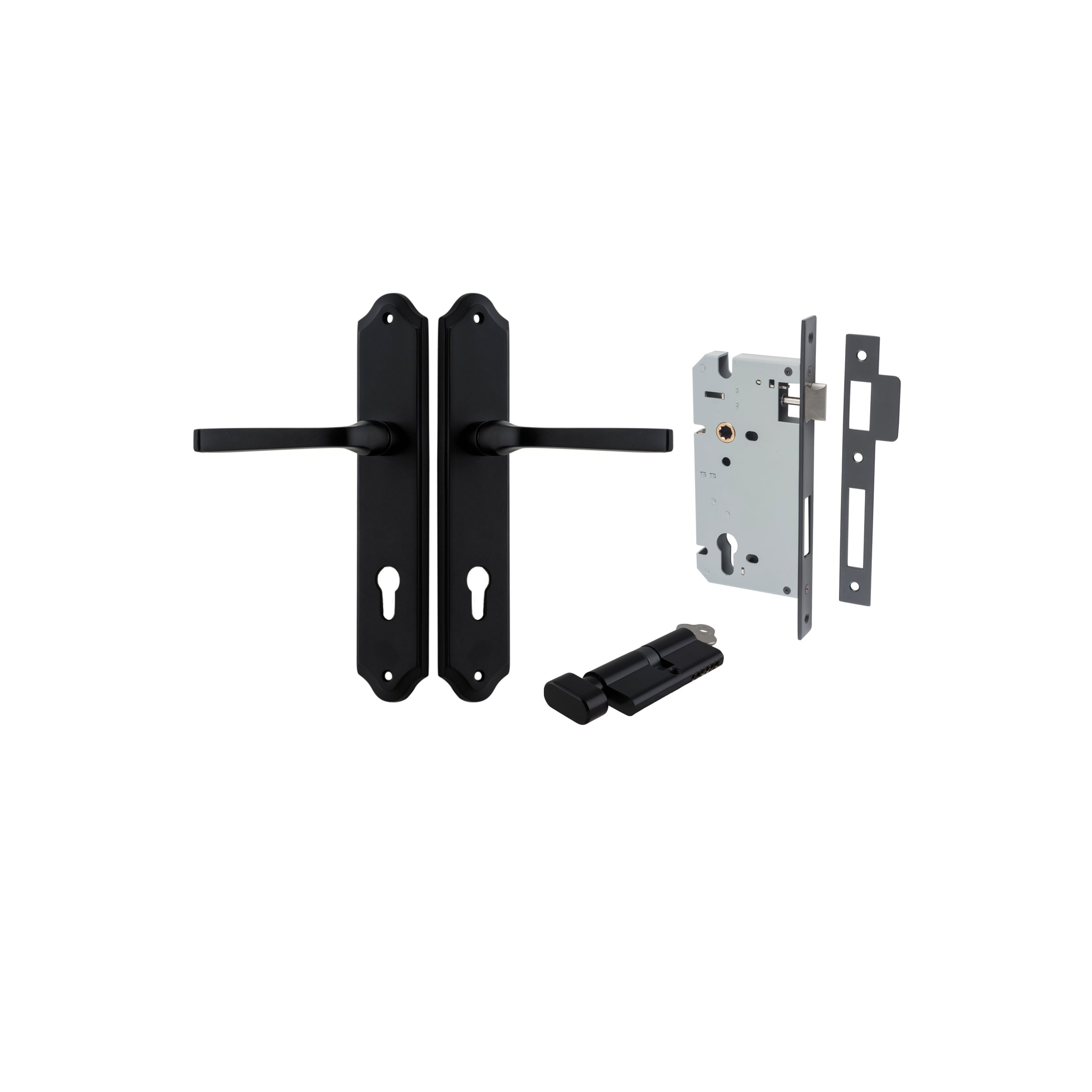 Door Lever Annecy Shouldered Euro Matt Black CTC85mm H240xW50xP65mm Entrance Kit Mortice Lock Euro Matt Black CTC85mm Backset 60mm, Euro Cylinder Key Thumb 6 Pin Matt Black L70mm KA1 in Matt Black