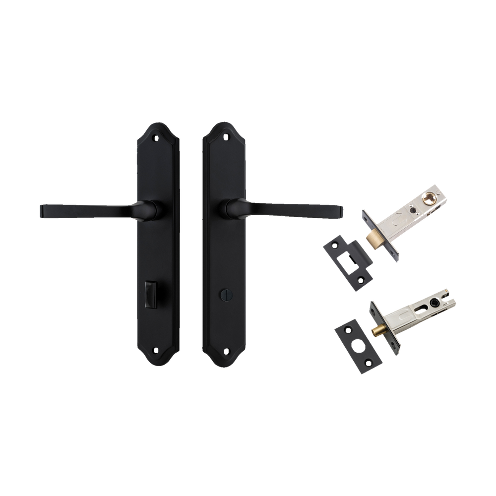 Door Lever Annecy Shouldered Privacy Matt Black CTC85mm H240xW50xP65mm Inbuilt Privacy Kit Tube Latch Split Cam 'T' Striker Matt Black Backset 60mm, Privacy Bolt Round Bolt Matt Black Backset 60mm in Matt Black