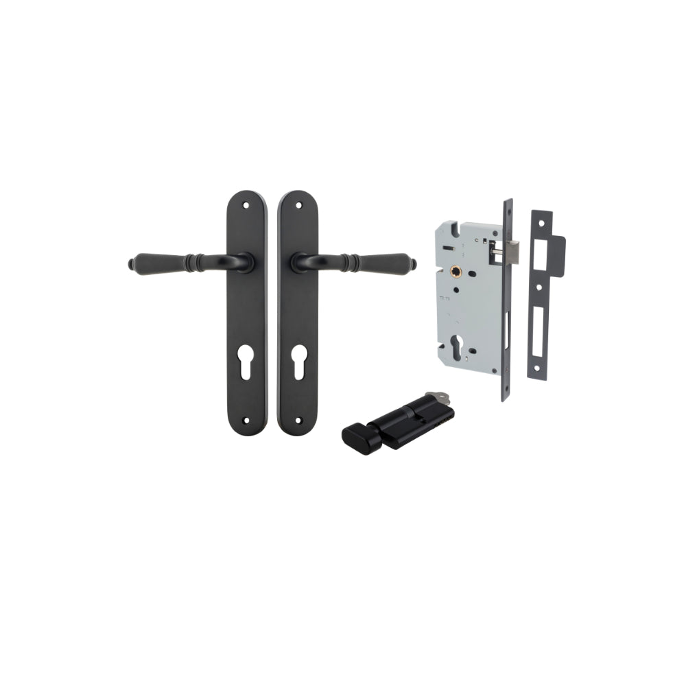 Pair of Iver Sarlat lever handles on oval backplates, featuring elegant design and polished finish for stylish door hardware.