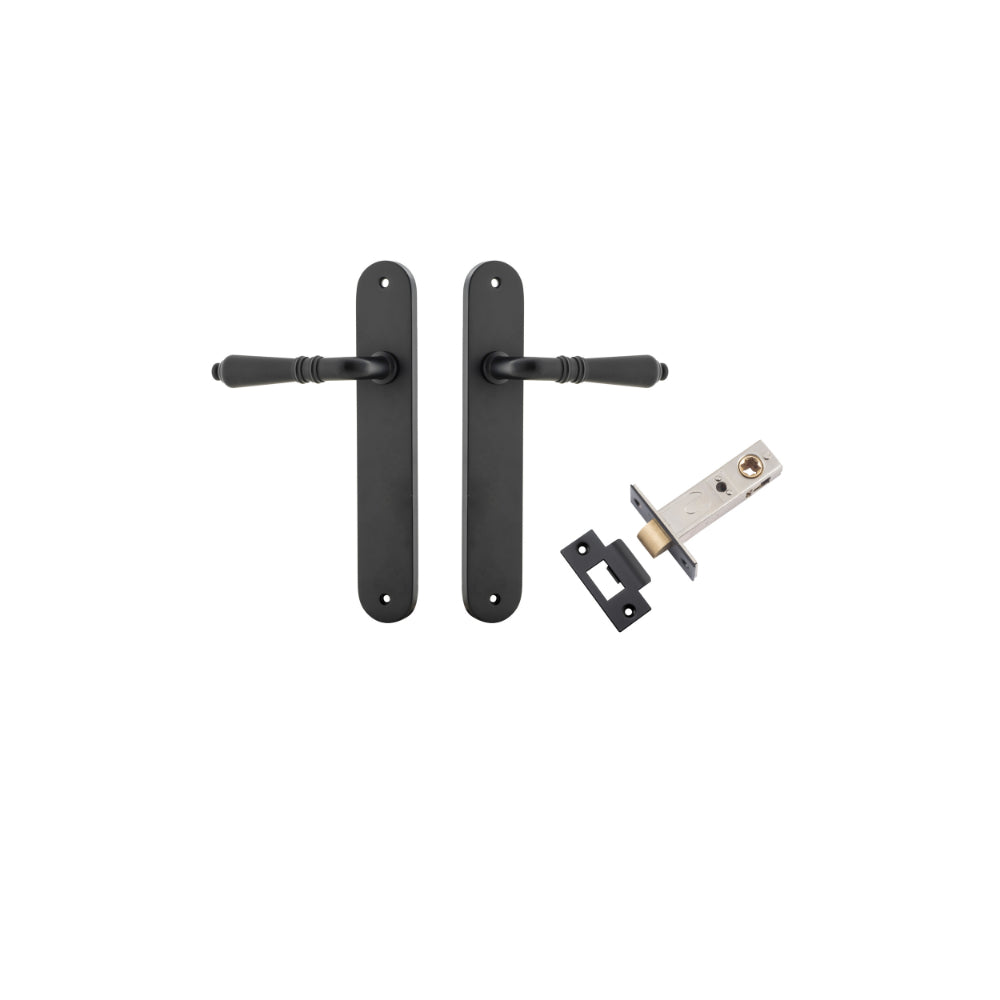 Pair of Iver Sarlat lever handles with oval backplates, featuring a sleek black finish and modern design for interior doors.