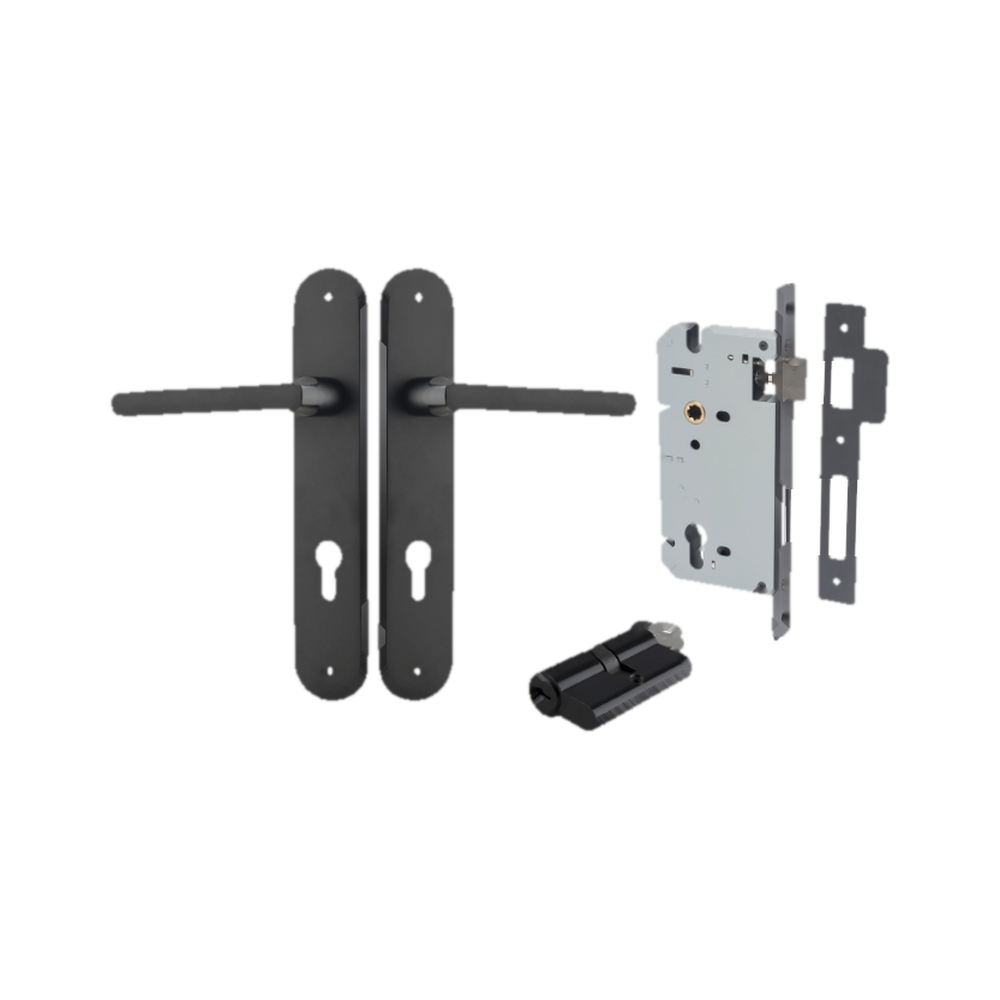 Door Lever Baltimore Oval Euro Matt Black CTC85mm H240xW40xP55mm Entrance Kit Mortice Lock Euro Matt Black CTC85mm Backset 60mm, Euro Cylinder Dual Function 5 Pin Matt Black L65mm KA1 in Matt Black