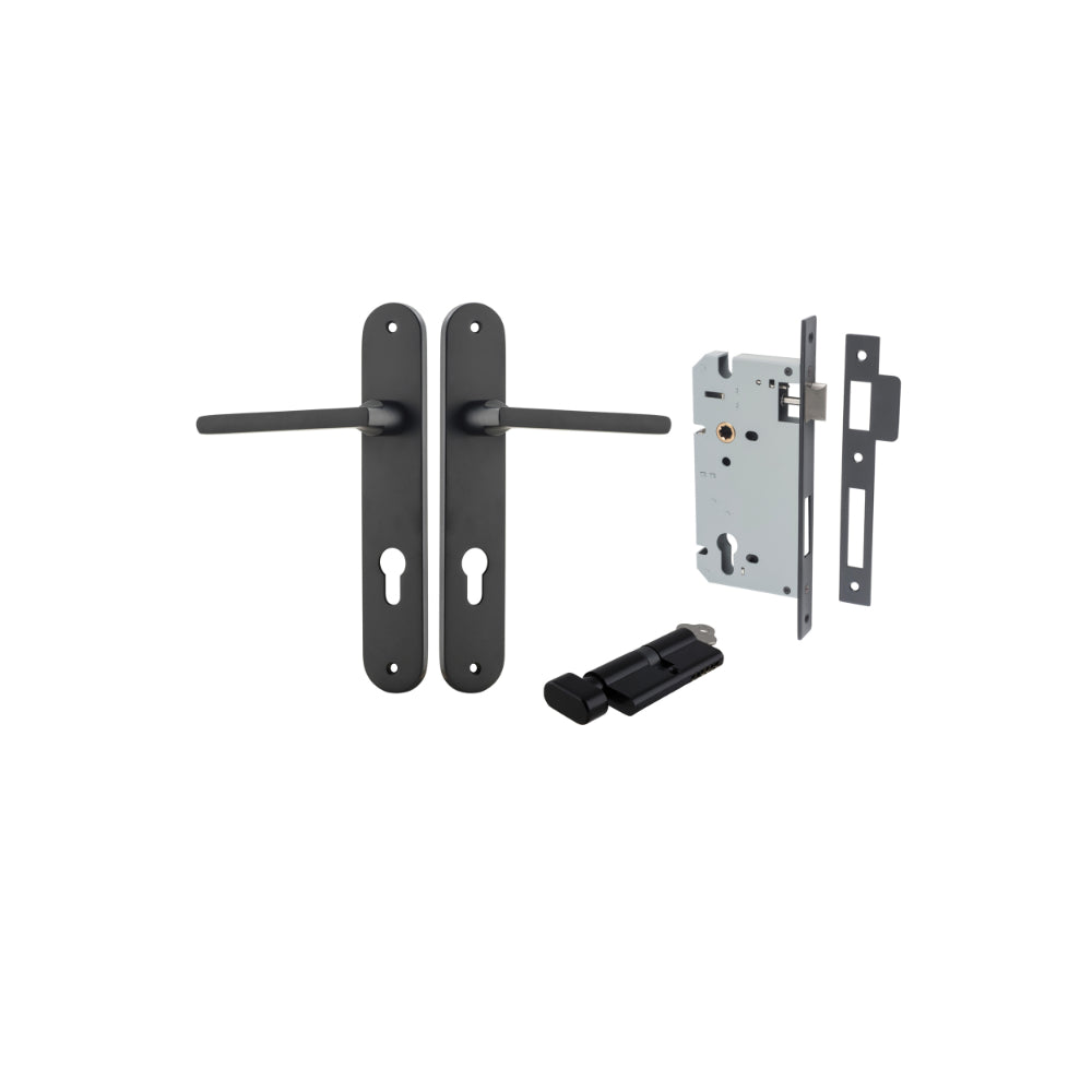 Pair of Iver Baltimore lever door handles on oval backplates, showcasing polished metal finish and elegant design.