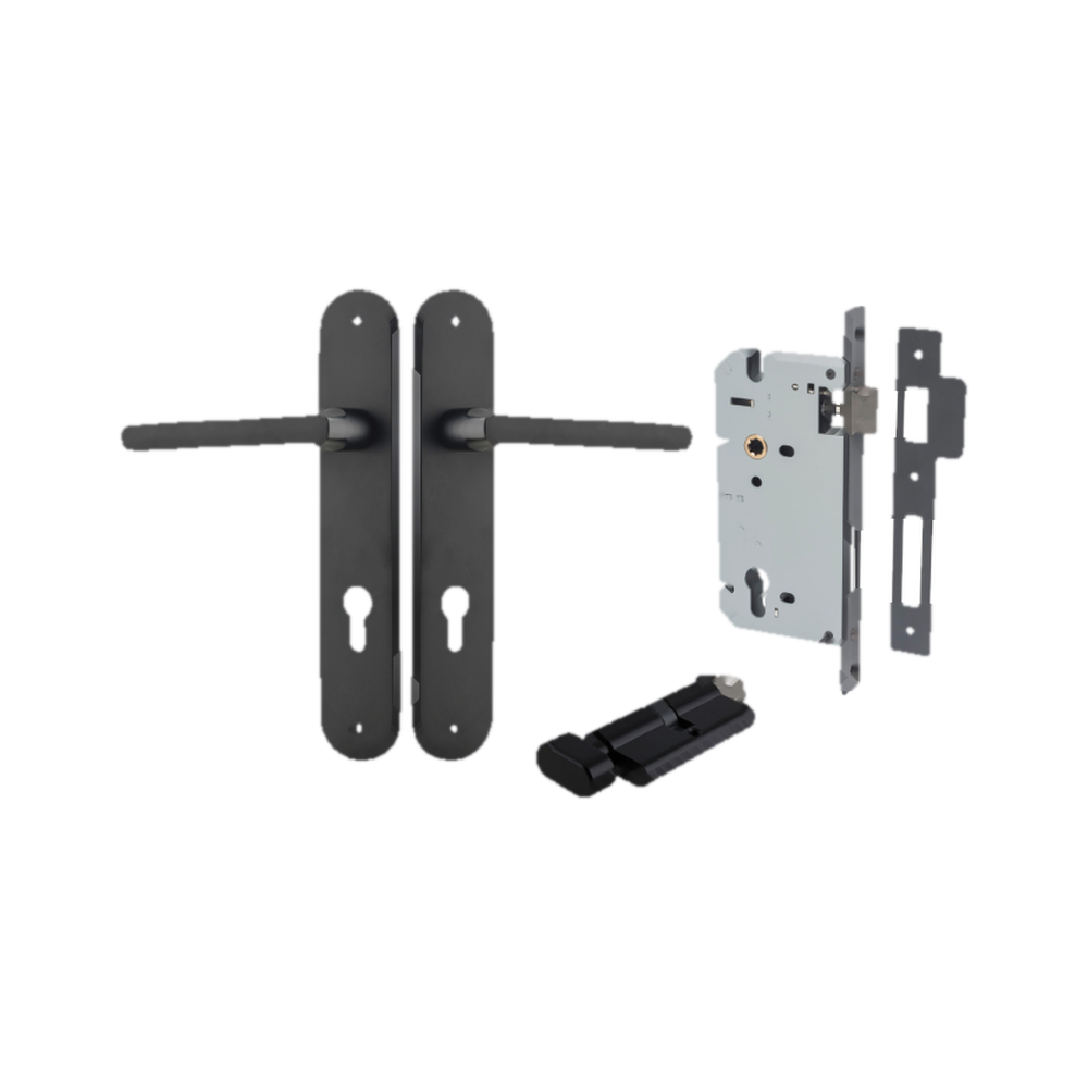 Door Lever Baltimore Oval Euro Matt Black CTC85mm H240xW40xP55mm Entrance Kit Mortice Lock Euro Matt Black CTC85mm Backset 60mm, Euro Cylinder Key Thumb 6 Pin Matt Black L70mm KA1 in Matt Black