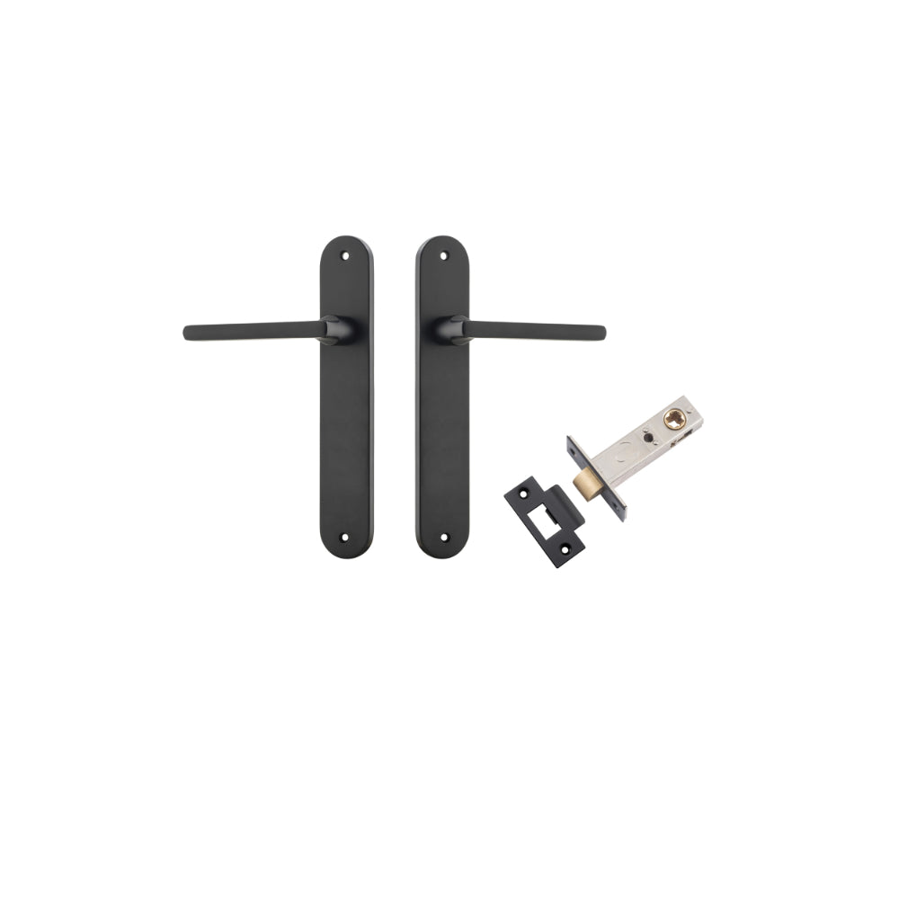 Pair of Iver Baltimore lever door handles on oval backplates, featuring a sleek, modern design in a polished finish.