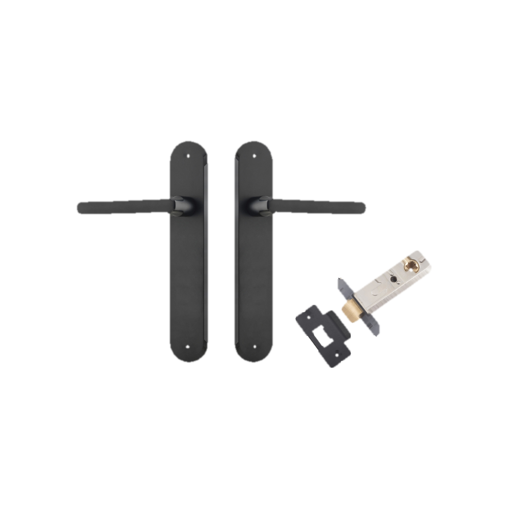 Door Lever Baltimore Oval Latch Matt Black H240xW40xP55mm Passage Kit Tube Latch Split Cam 'T' Striker Matt Black Backset 60mm in Matt Black