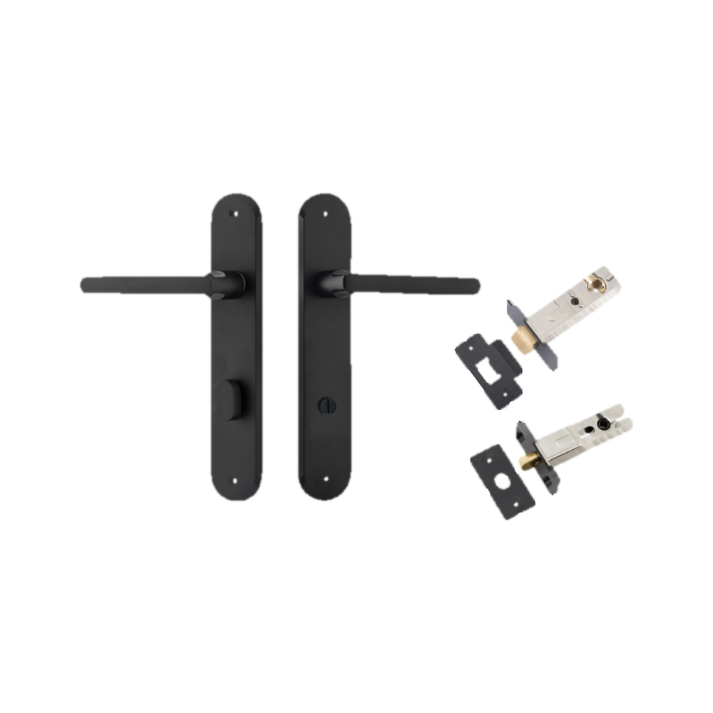 Door Lever Baltimore Oval Privacy Matt Black CTC85mm H240xW40xP55mm Inbuilt Privacy Kit Tube Latch Split Cam 'T' Striker Matt Black Backset 60mm, Privacy Bolt Round Bolt Matt Black Backset 60mm in Matt Black