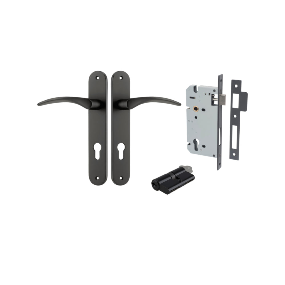 Door Lever Oxford Oval Euro Matt Black CTC85mm H240xW40xP60mm Entrance Kit Mortice Lock Euro Matt Black CTC85mm Backset 60mm, Euro Cylinder Dual Function 5 Pin Matt Black L65mm KA1 in Matt Black