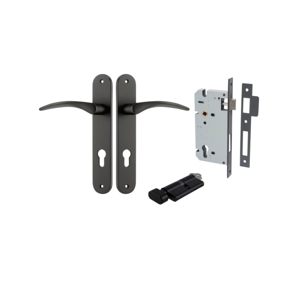 Door Lever Oxford Oval Euro Matt Black CTC85mm H240xW40xP60mm Entrance Kit Mortice Lock Euro Matt Black CTC85mm Backset 60mm, Euro Cylinder Key Thumb 6 Pin Matt Black L70mm KA1 in Matt Black