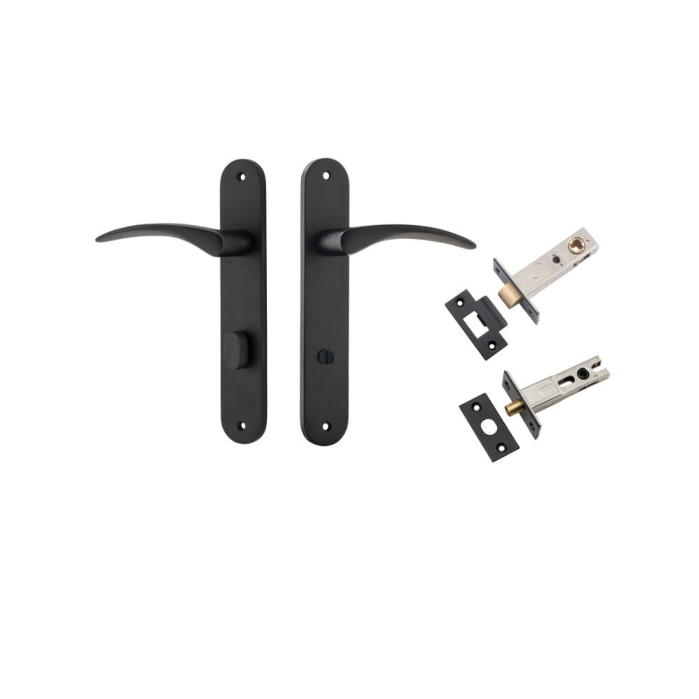 Door Lever Oxford Oval Privacy Matt Black CTC85mm H240xW40xP60mm Privacy Kit Tube Latch Split Cam 'T' Striker Matt Black Backset 60mm, Privacy Bolt Round Bolt Matt Black Backset 60mm in Matt Black