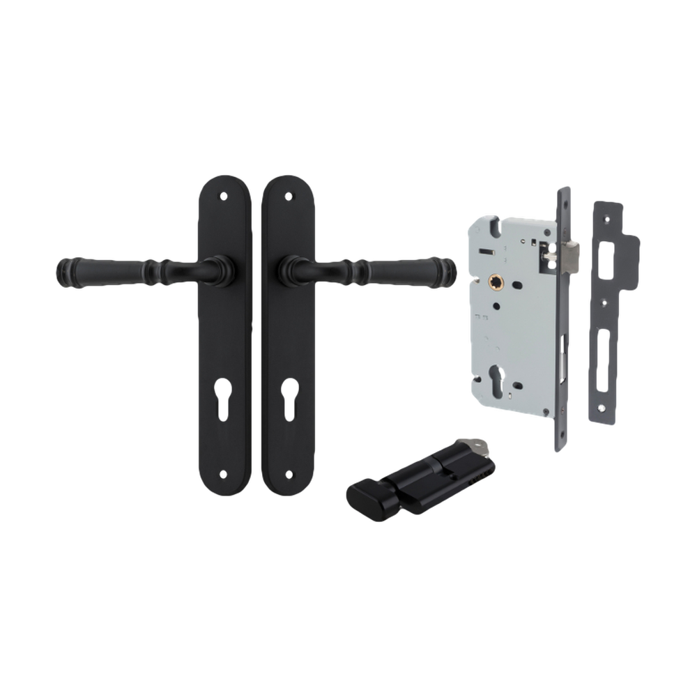 Door Lever Verona Oval Euro Matt Black CTC85mm H240xW40xP59mm Entrance Kit Mortice Lock Euro Matt Black CTC85mm Backset 60mm, Euro Cylinder Key Thumb 6 Pin Matt Black L70mm KA1 in Matt Black