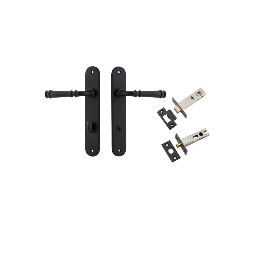 Door Lever Verona Oval Privacy Matt Black CTC85mm H240xW40xP59mm Inbuilt Privacy Kit Tube Latch Split Cam 'T' Striker Matt Black Backset 60mm, Privacy Bolt Round Bolt Matt Black Backset 60mm in Matt Black