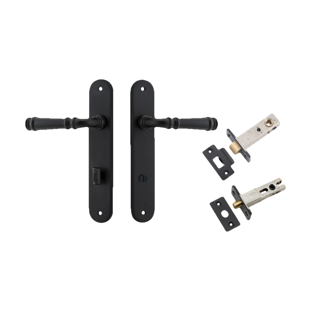 Door Lever Verona Oval Privacy Matt Black CTC85mm H240xW40xP59mm Inbuilt Privacy Kit Tube Latch Split Cam 'T' Striker Matt Black Backset 60mm, Privacy Bolt Round Bolt Matt Black Backset 60mm in Matt Black