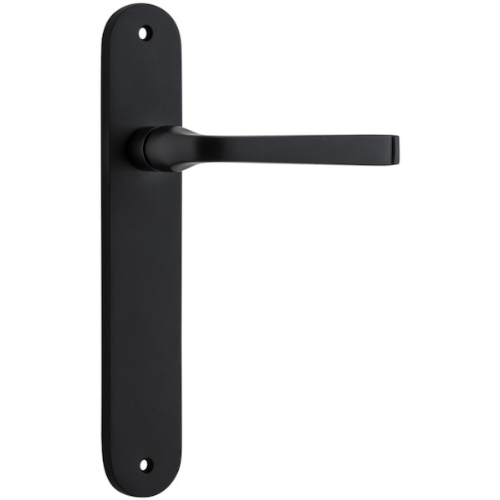 Pair of Iver Annecy lever door handles on oval backplates, showcasing elegant metal finish and modern design.